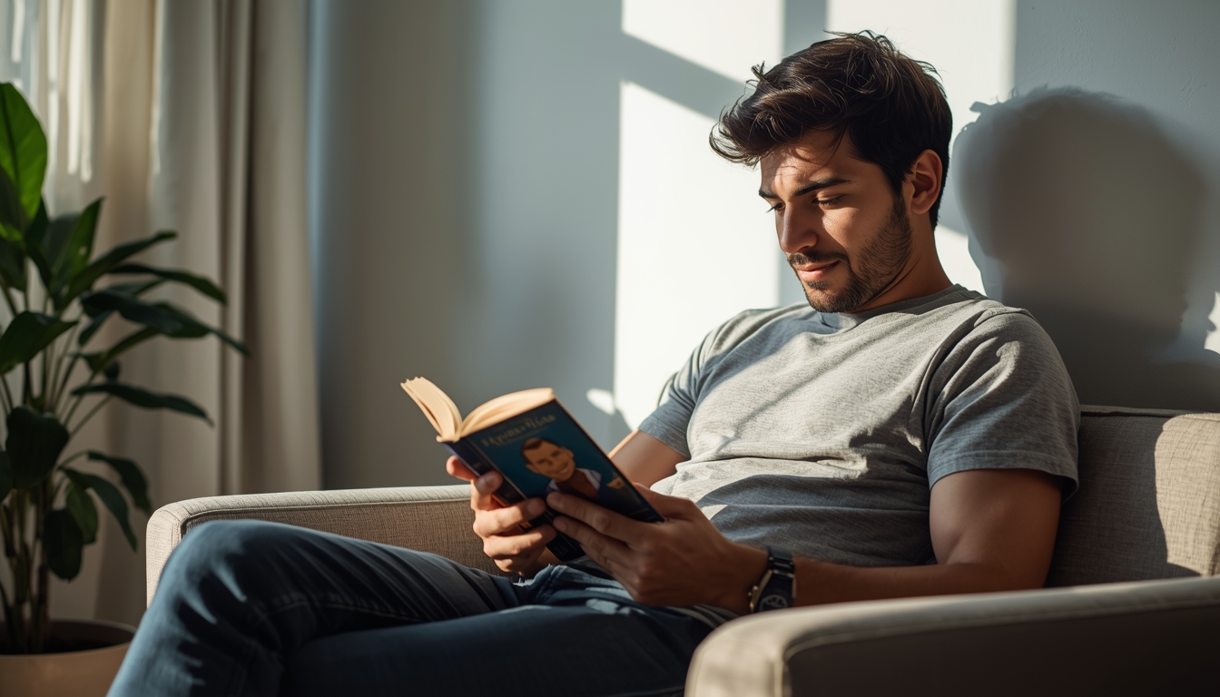 Man reading a book in a quiet, sunlit room during an afternoon rest break